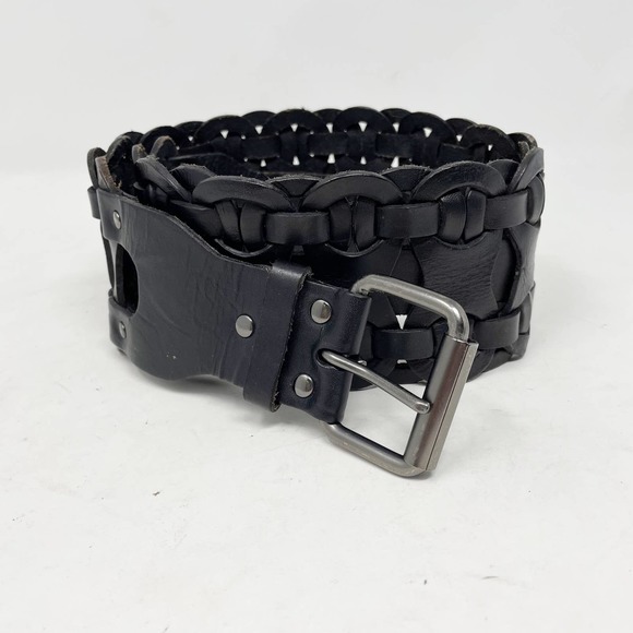 Unknown Accessories - Woven Black Genuine Leather Waist Belt Unisex Size M